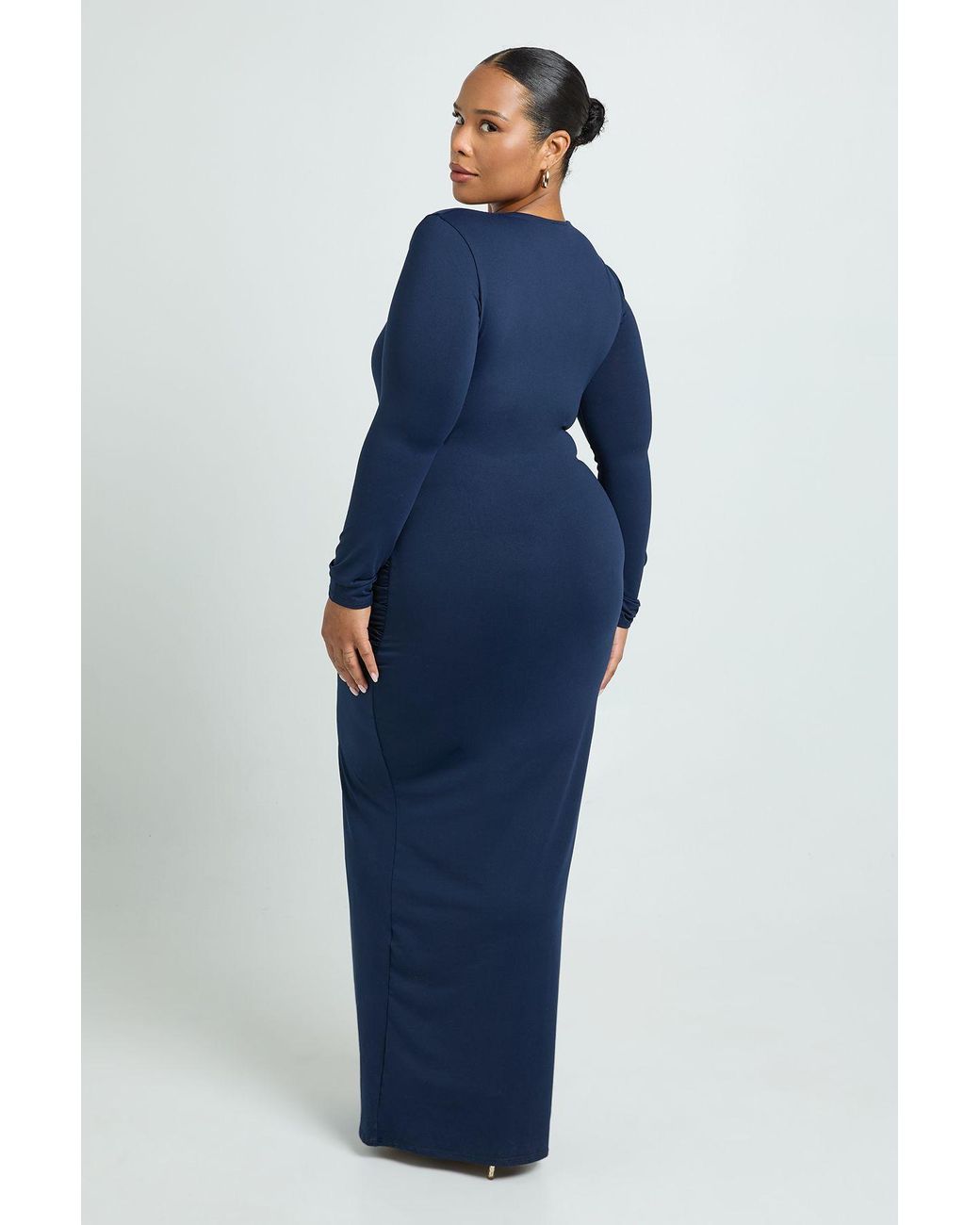 Boohoo Blue Plus Ruched Long Sleeve Trim Maxi Dress