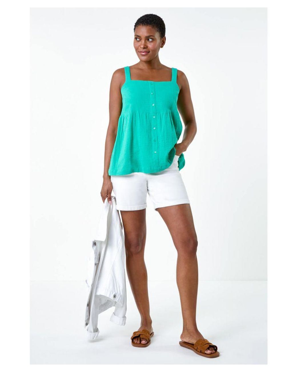 Roman Green Cotton Button Through Shirred Vest Top