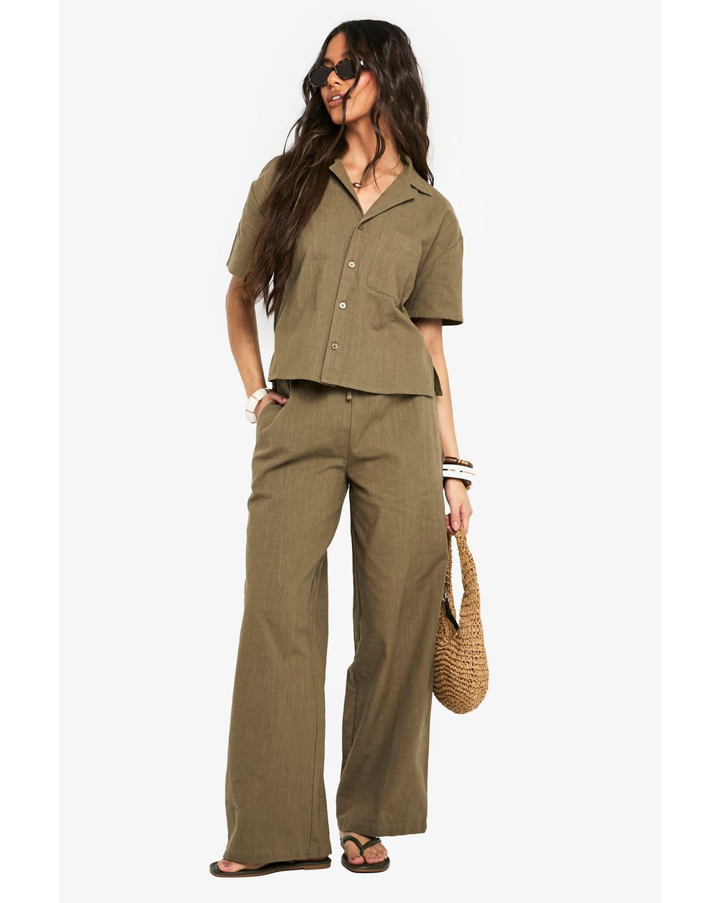 Boohoo Natural Linen Look Drawstring Wide Leg Trousers