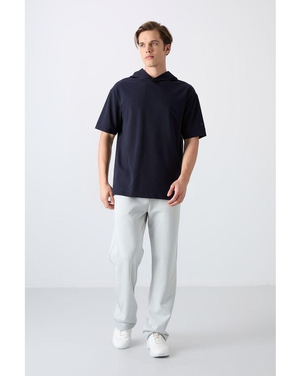 TOMMY LIFE Blue Oversized Hooded Short-Sleeve T-Shirt for men