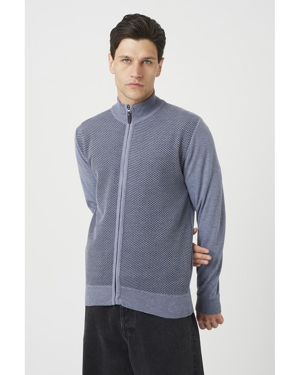 Brave Soul Blue Funnel Neck Zip Through Knitted Cardigan for men