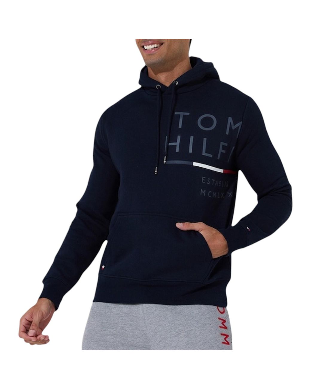 Tommy Hilfiger Blue Fleece Hoodie Wraparound Logo Pullover Hooded Crew Neck Top for men