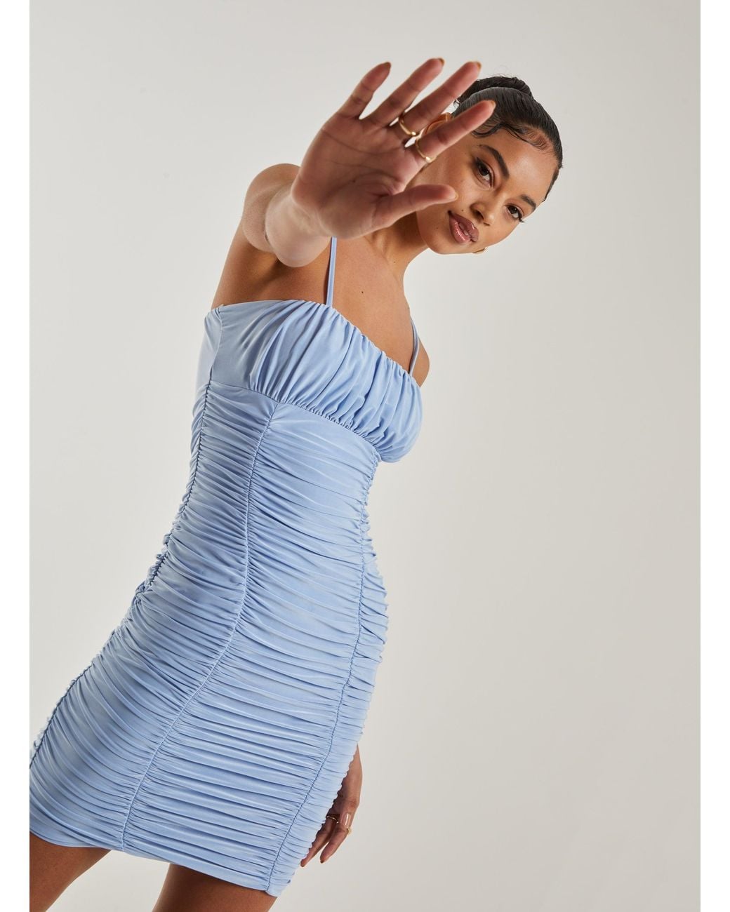 Pink Vanilla Blue Ruched Strappy Mini Dress