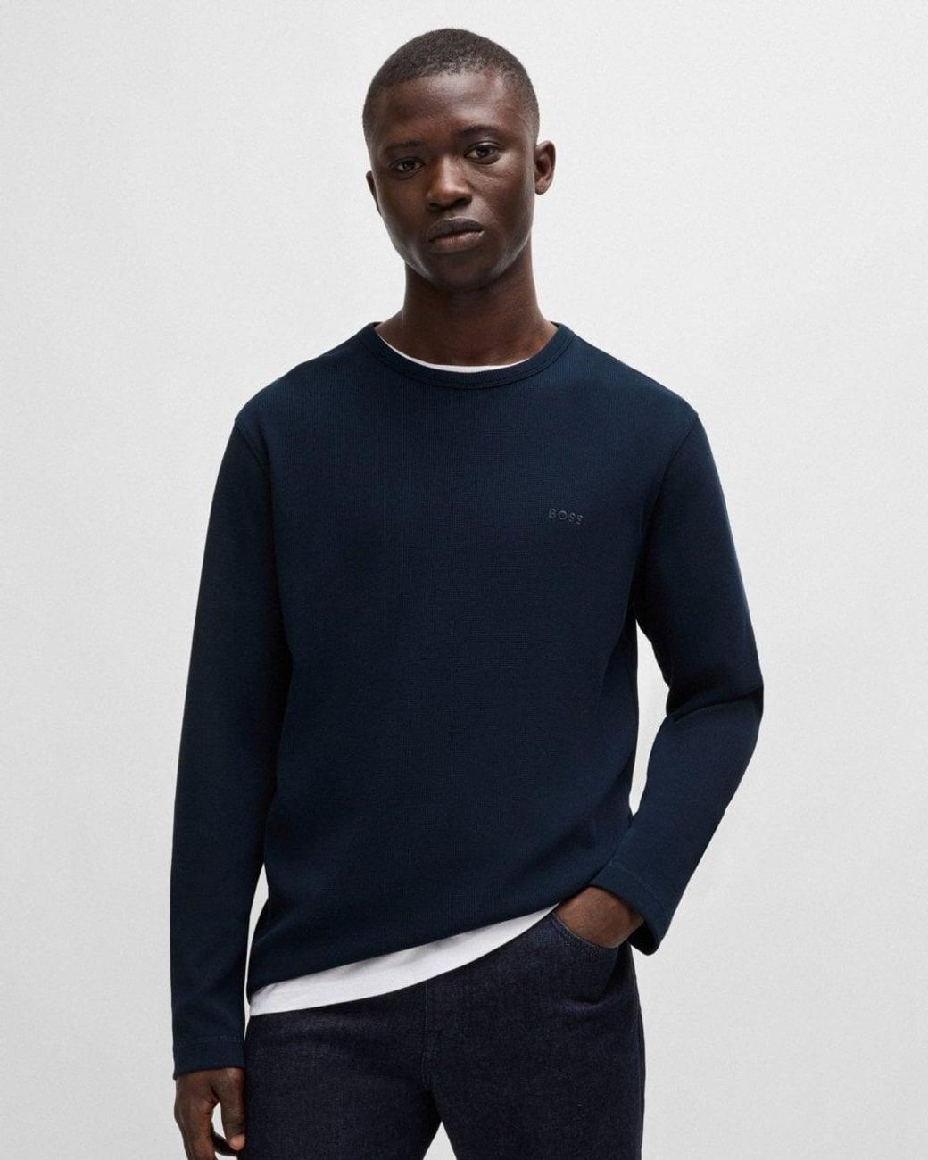 Boss Blue Tempesto Regular Fit Long Sleeve T-Shirt With Embroidered Logo for men