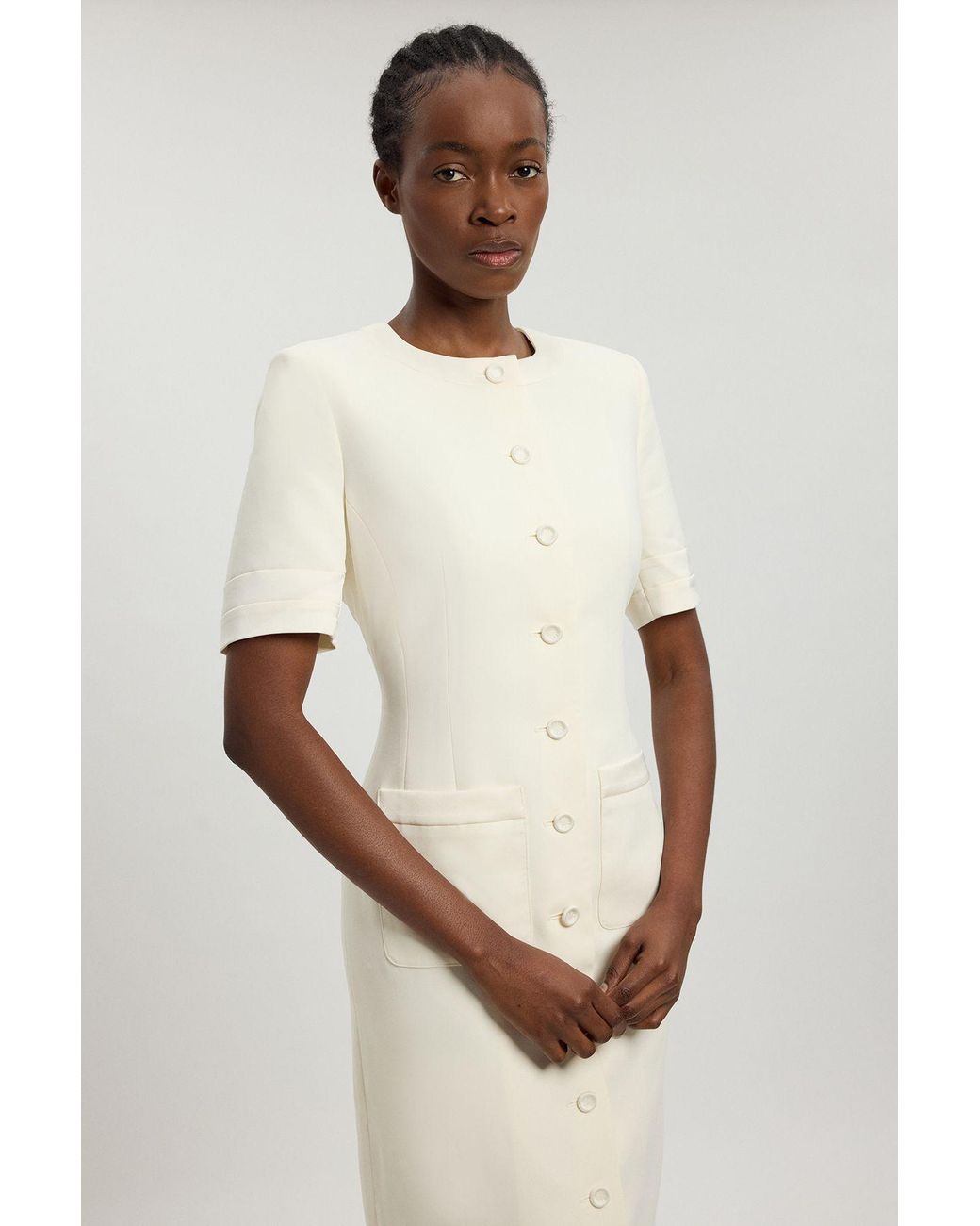 Karen Millen Natural Satin Tux Short Sleeve Tailored Midi Dress