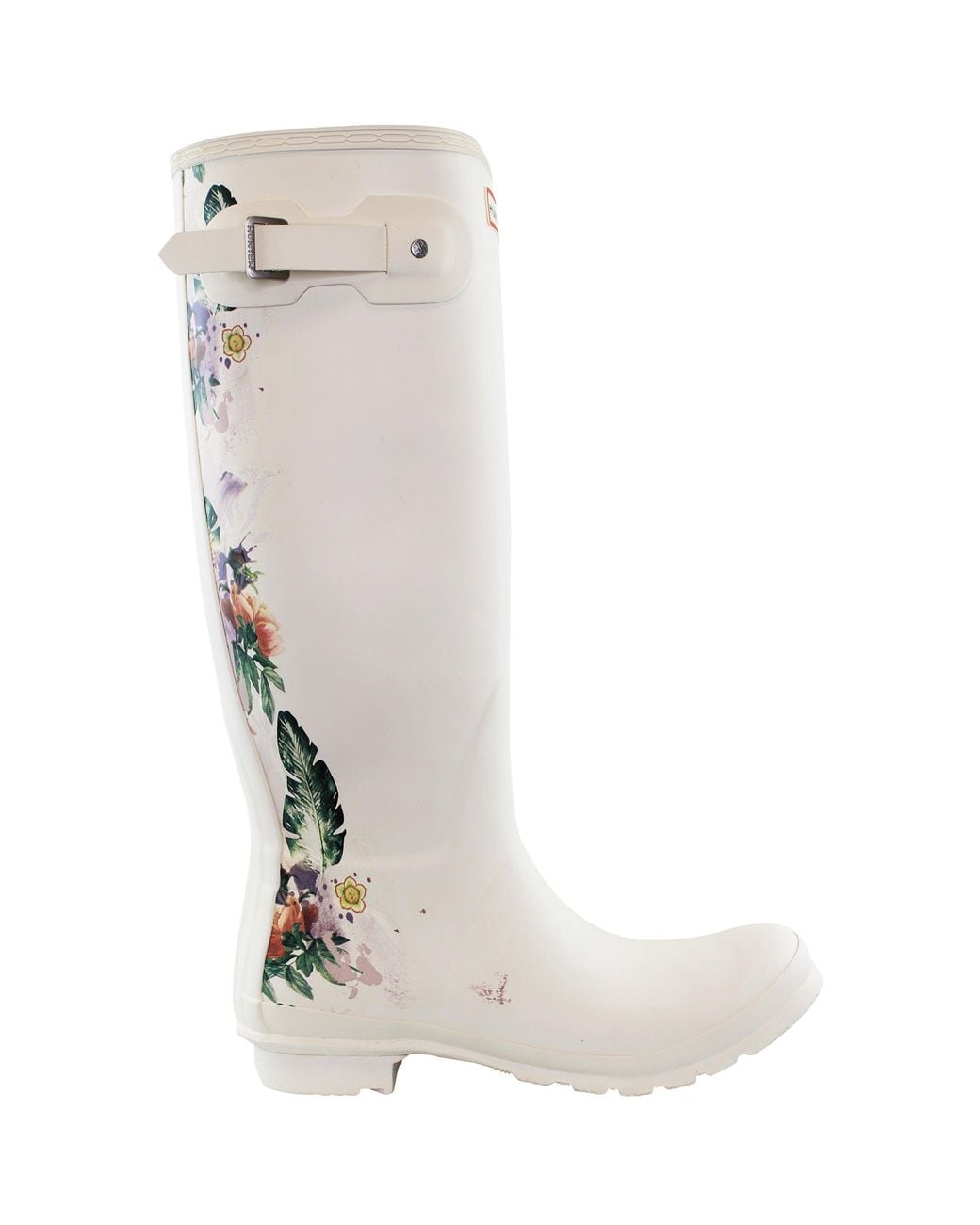 Hunter White Tall Botanical Back Wellington Boots Rubber