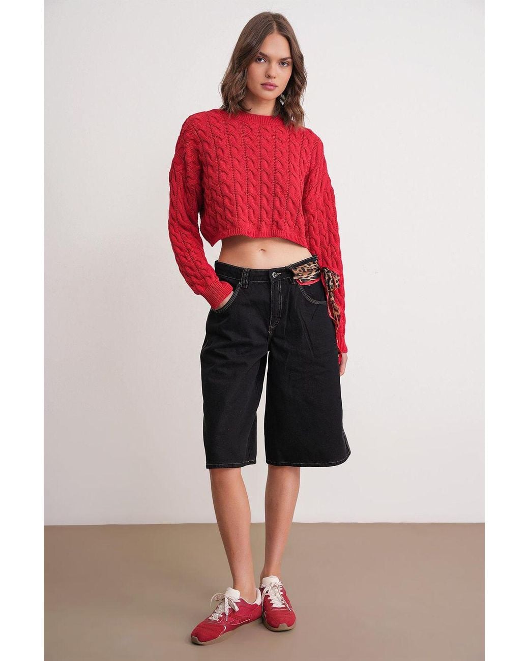 MixRay Red Cable Knit Pattern Crew Neck Sweater