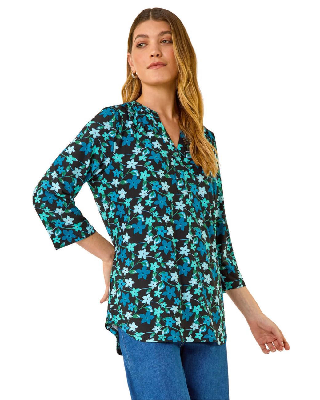 Roman Blue Abstract V-Neck Stretch Top