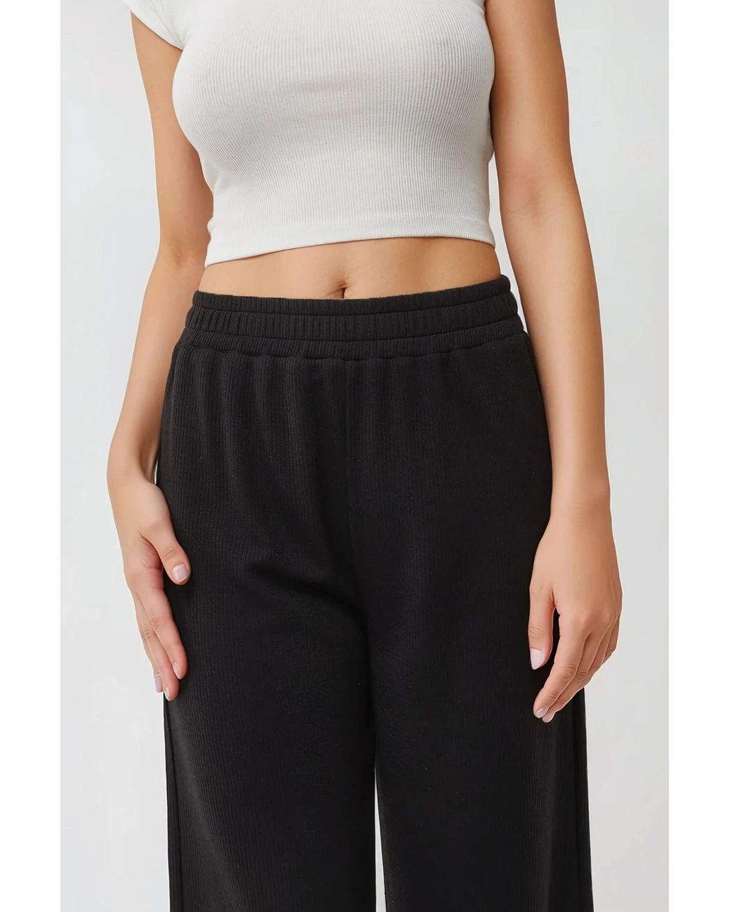 Hiccup Black Wide Leg Knitted Pants With Elastic Waist