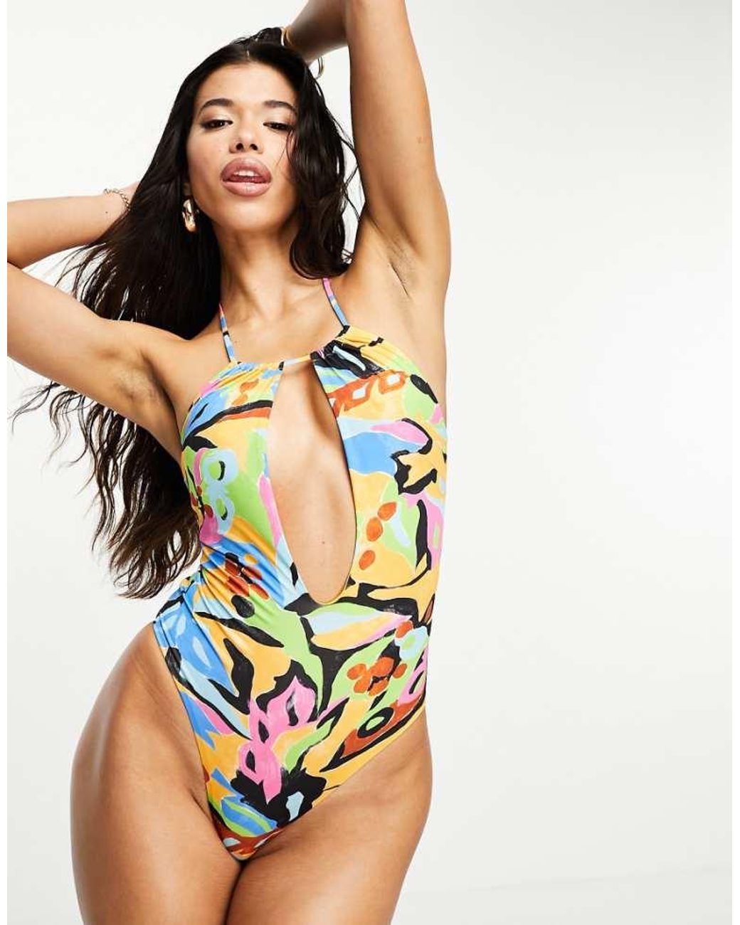 ASOS Multicolor Cut Out Halter Neck Swimsuit With Super High Leg