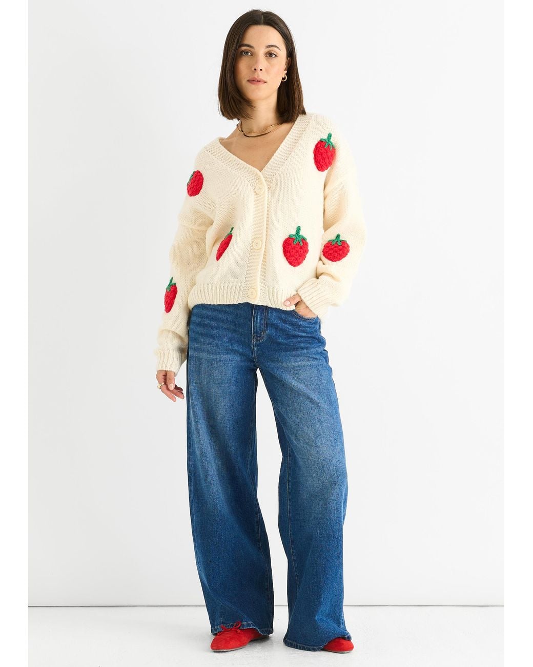 Gini London Blue Contrast Strawberry Knitted Short Cardigan