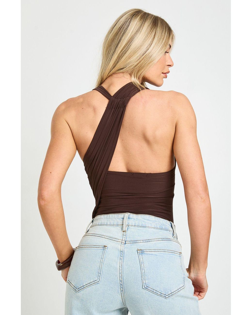 Boohoo Brown Ruched One Shoulder Mesh Panel Bodysuit