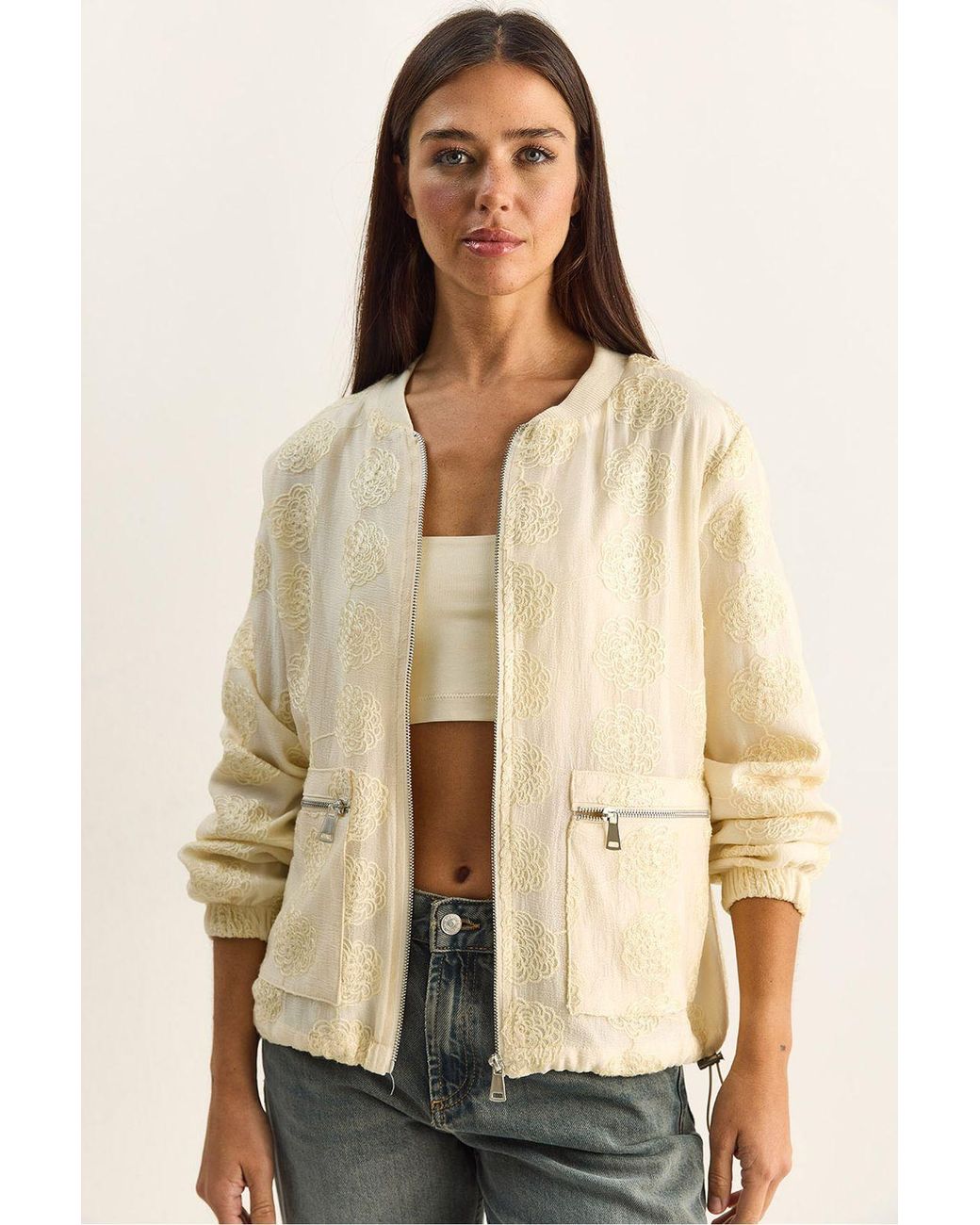 Bianco Lucci Natural Floral Embroidered Bomber Jacket