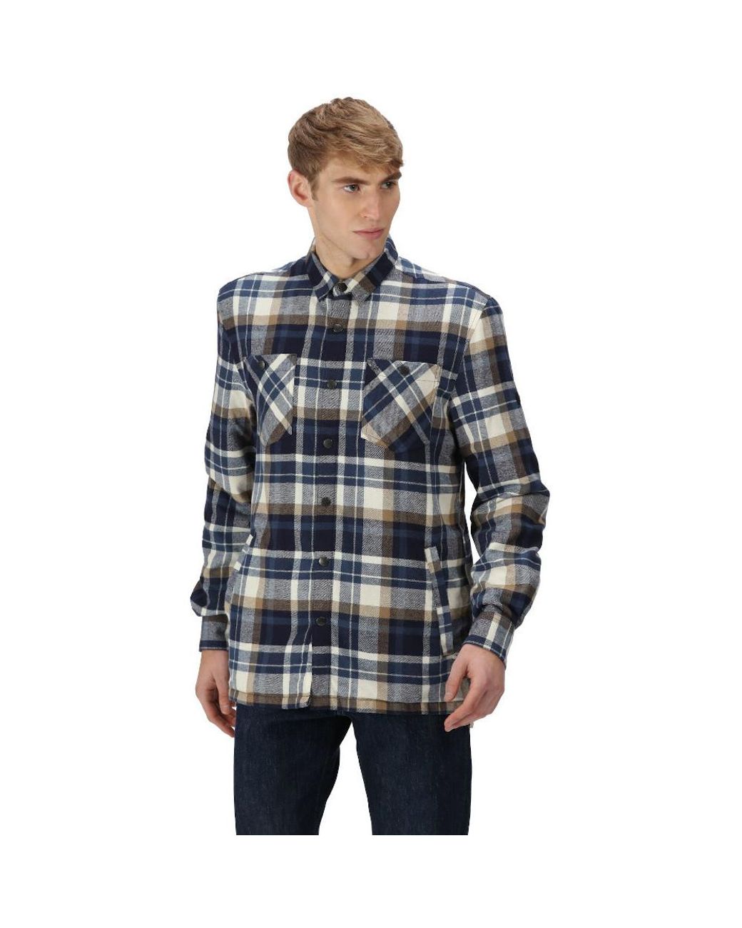 Regatta Blue Thamos Organic Cotton Check Long Sleeve Shirt for men