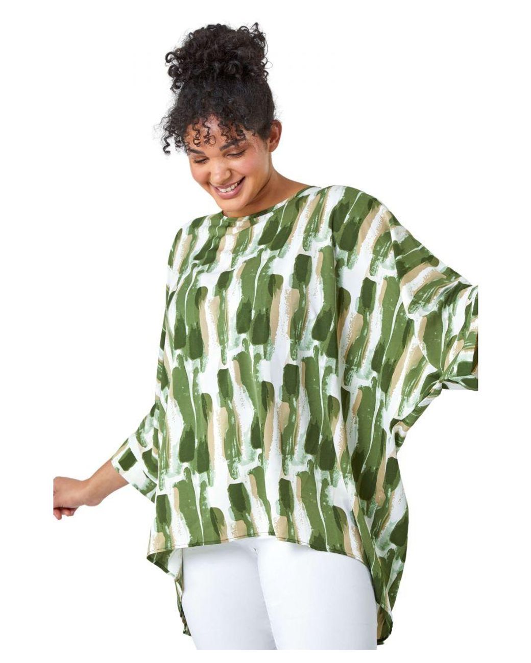 Roman Curve Green Dipped Hem Abstract Print Top