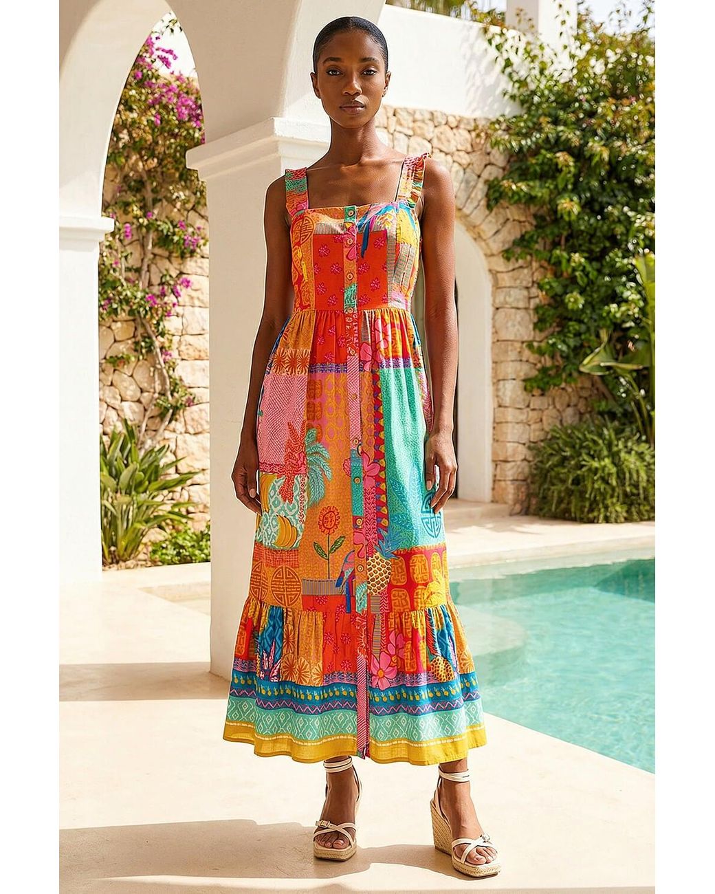Roman White Petite Patchwork Tiered Maxi Dress