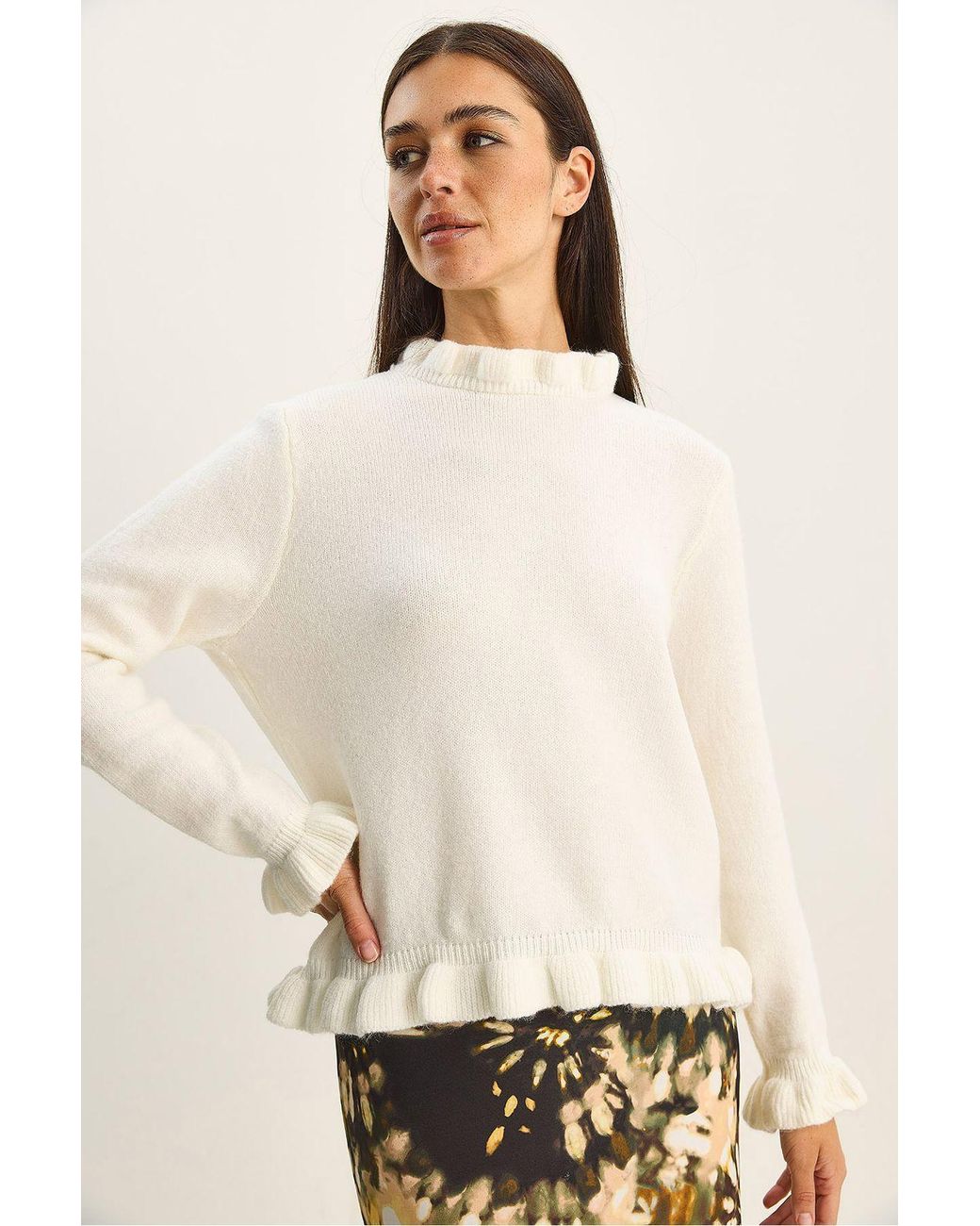 Bianco Lucci Natural Frilly Half Turtleneck Buttoned Knit Sweater