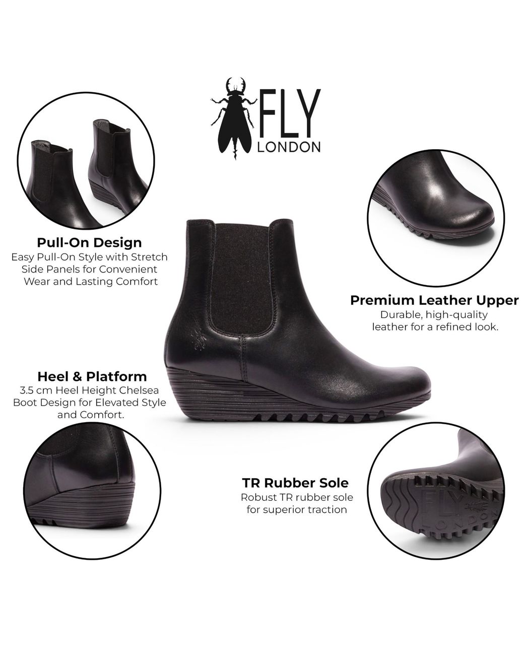 Fly London Black Leather Wedge Heel Chelsea Boots
