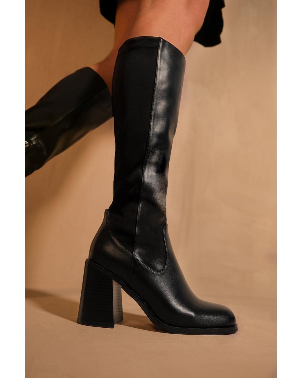 Where's That From Black 'Zhuri' Mid Block Heel Knee High Boots With Stretch And Side Zip