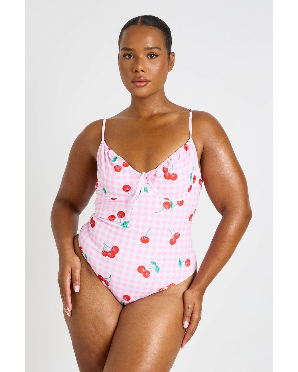 Boohoo White Plus Cherry Gingham Print Underwire Plunge Swimsuit