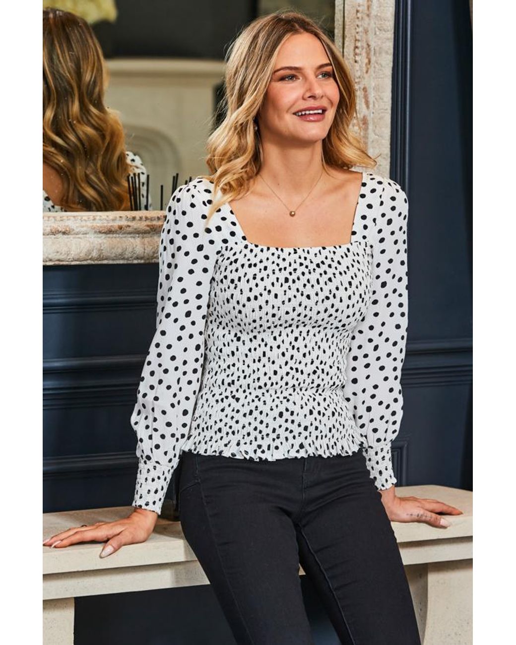 Sosandar White Spot Print Ruched Front Top