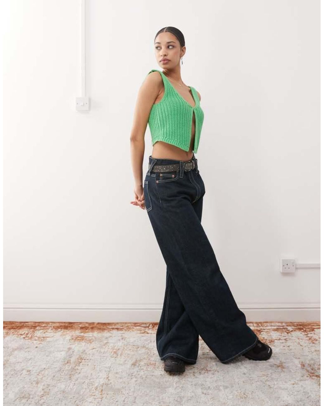 Noisy May Green Split Front Knitted Tank Top