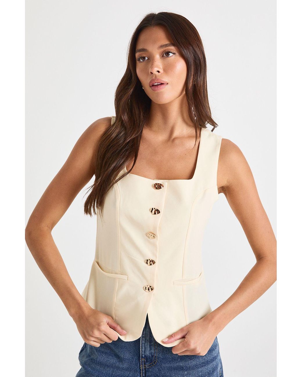 Boohoo White Square Neck Button Waistcoat