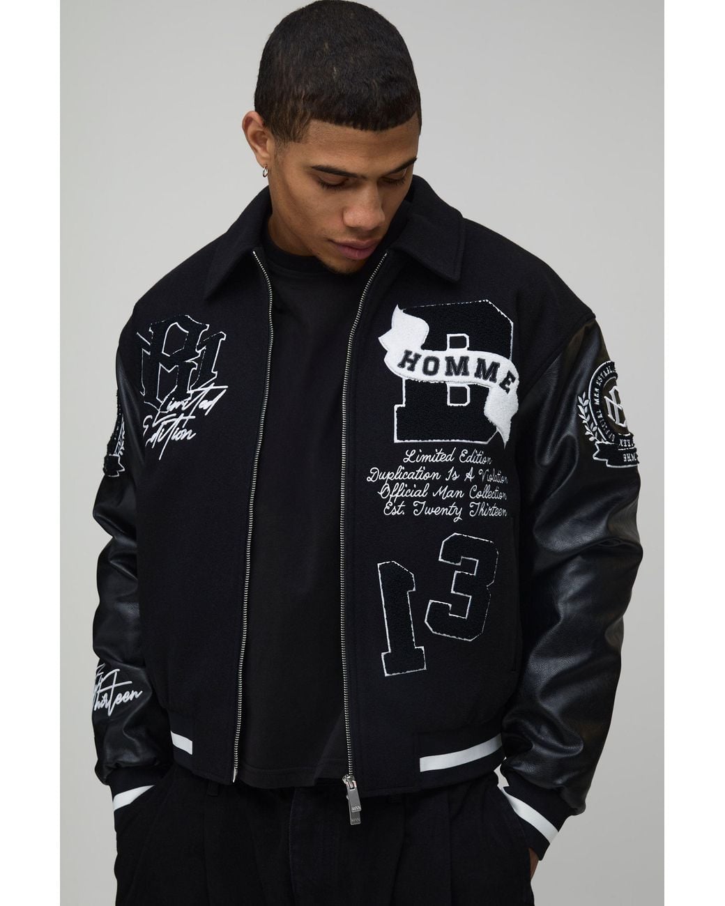 BoohooMAN Black Boxy Fit Melton & Pu Mixed Fabric Applique Varsity Jacket for men