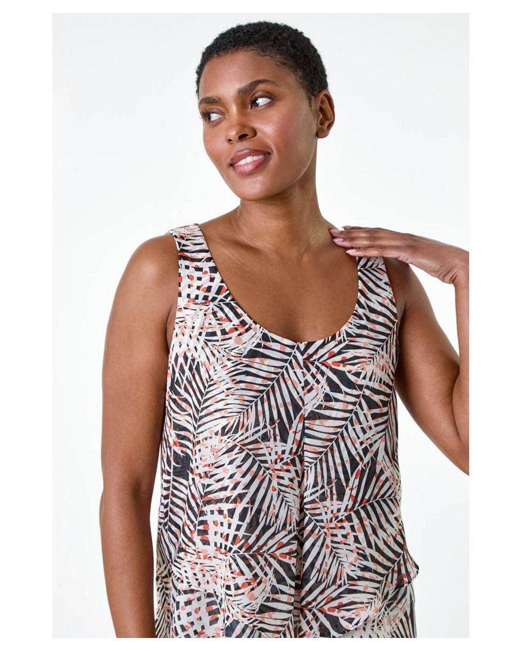 Roman Black Tropical Leaf Asymmetric Vest Top