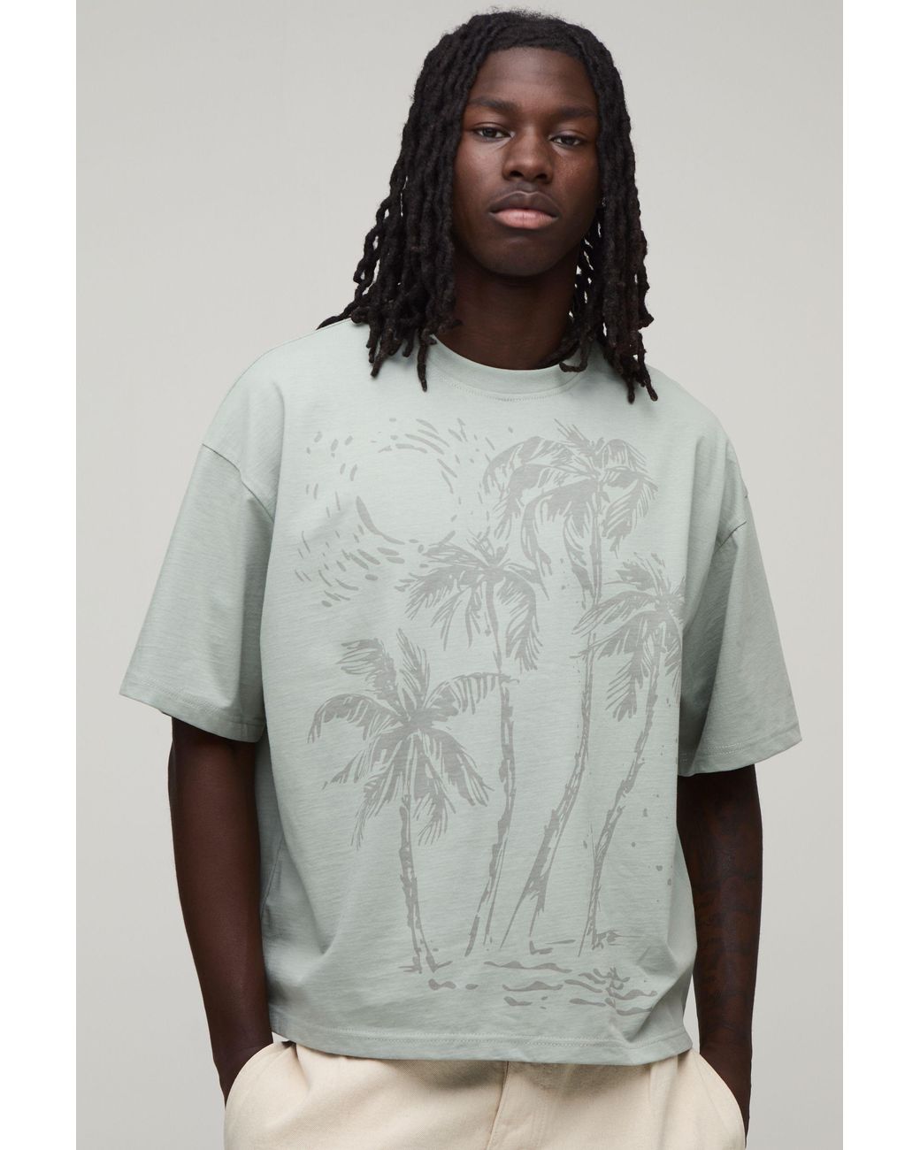 BoohooMAN Gray Oversized Boxy Palm Print T-Shirt for men