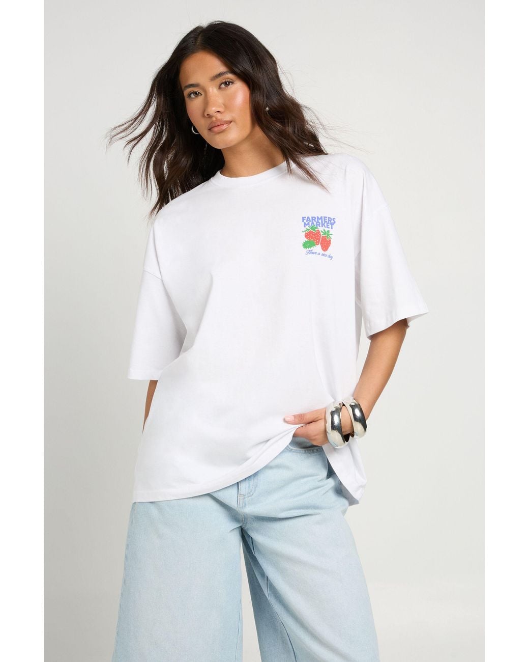 Boohoo White Farmers Market Stickers Back Print T-Shirt
