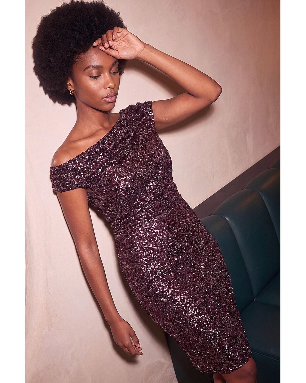 Roman Purple Sequin Fallen Shoulder Dress