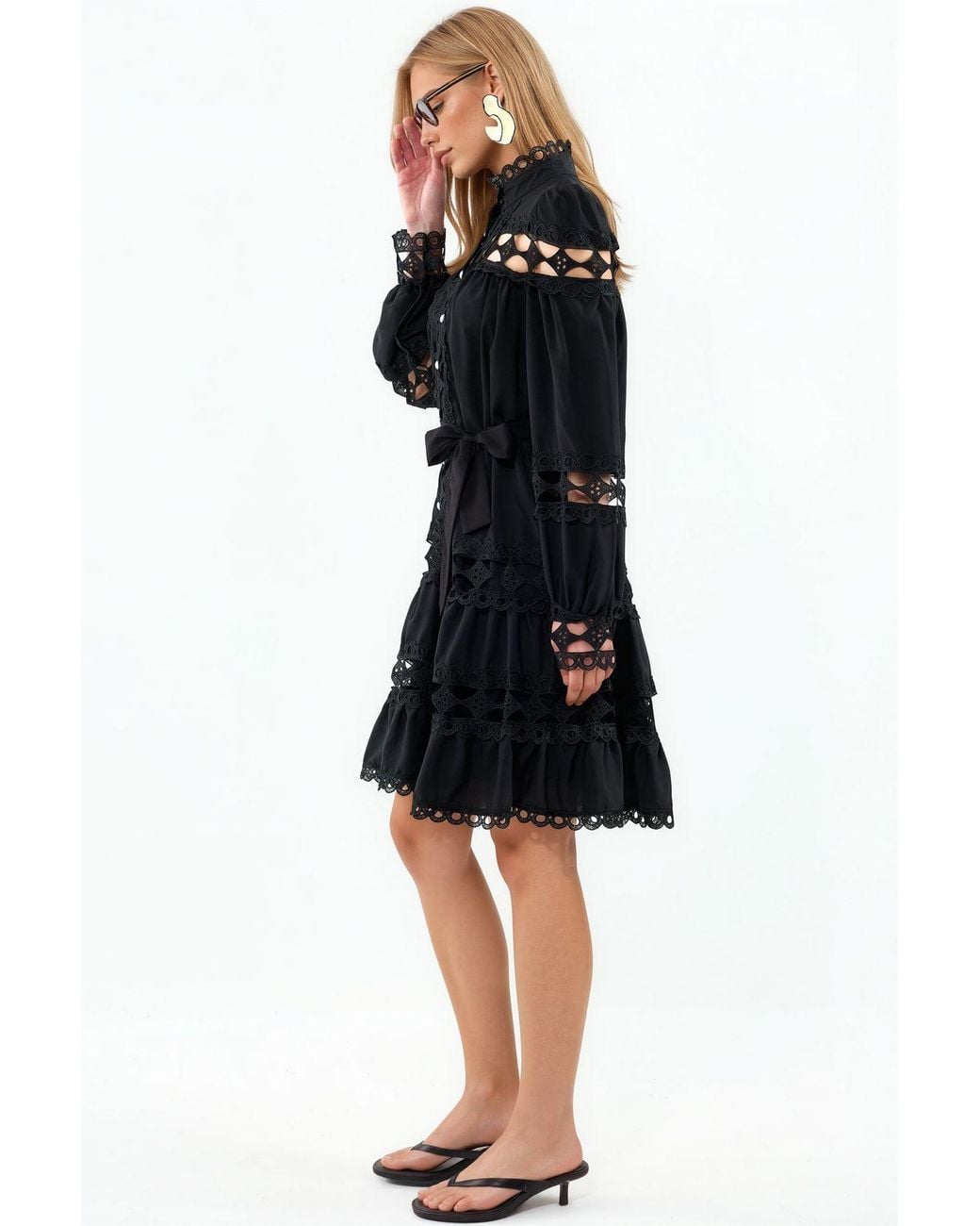 Msn-Collection Black Belted Lace Mini Dress