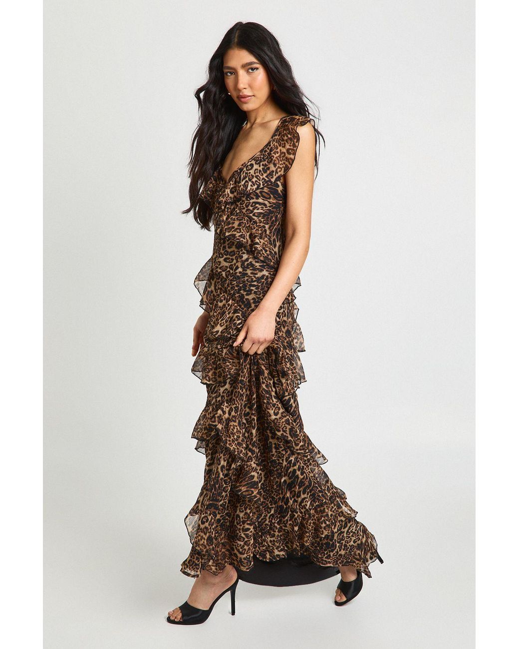 Boohoo Brown Tall Chiffon Ruffle Leopard Strappy Maxi Dress