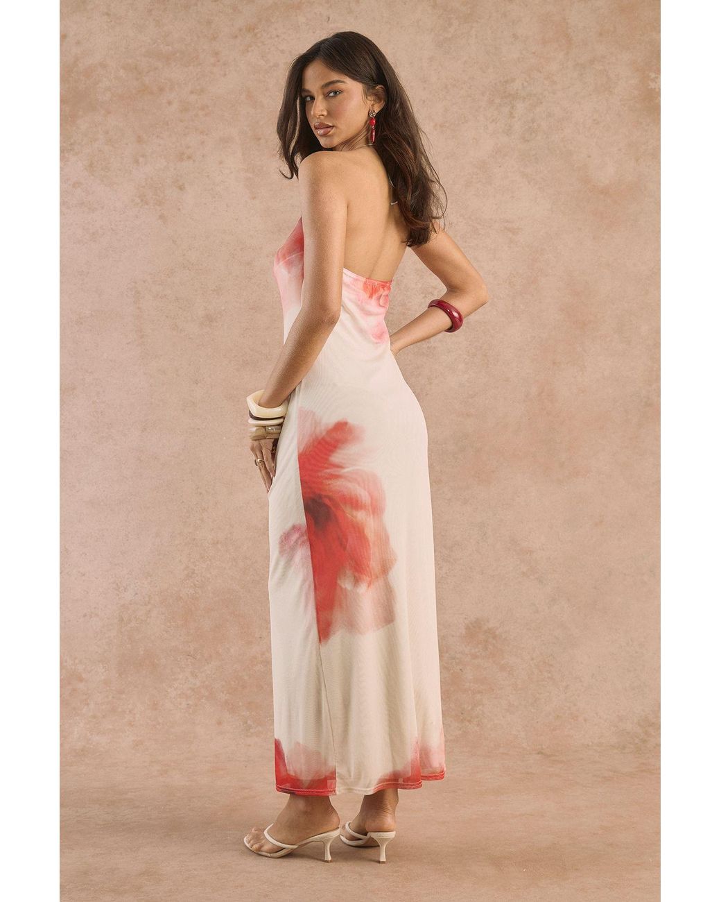 Boohoo Pink Mesh Floral Print Cowl Maxi Dress