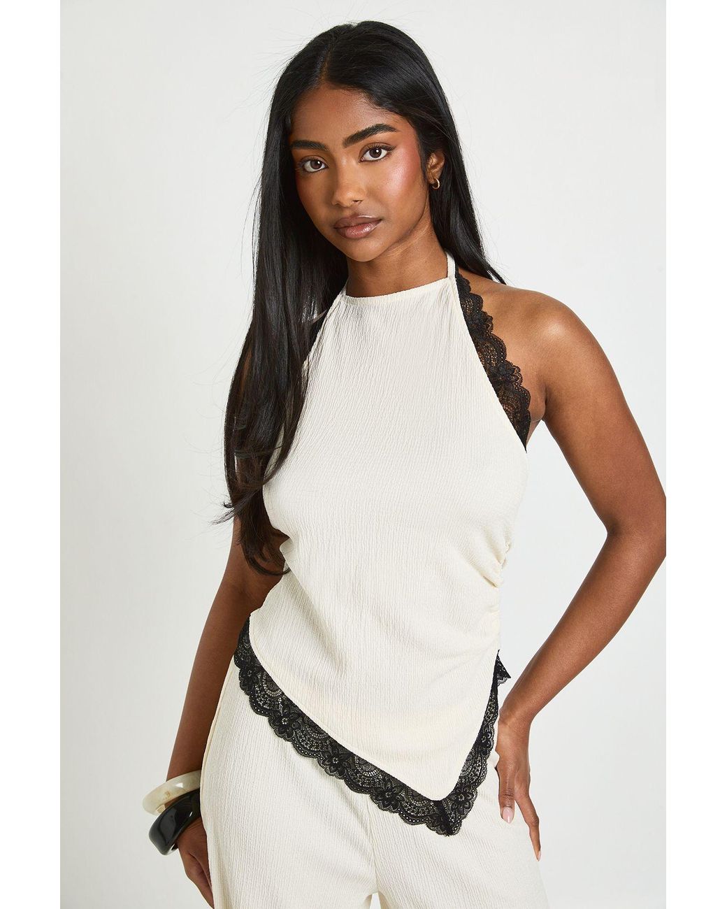 Boohoo White Crinkle Lace Trim Asymmetric Hem Top