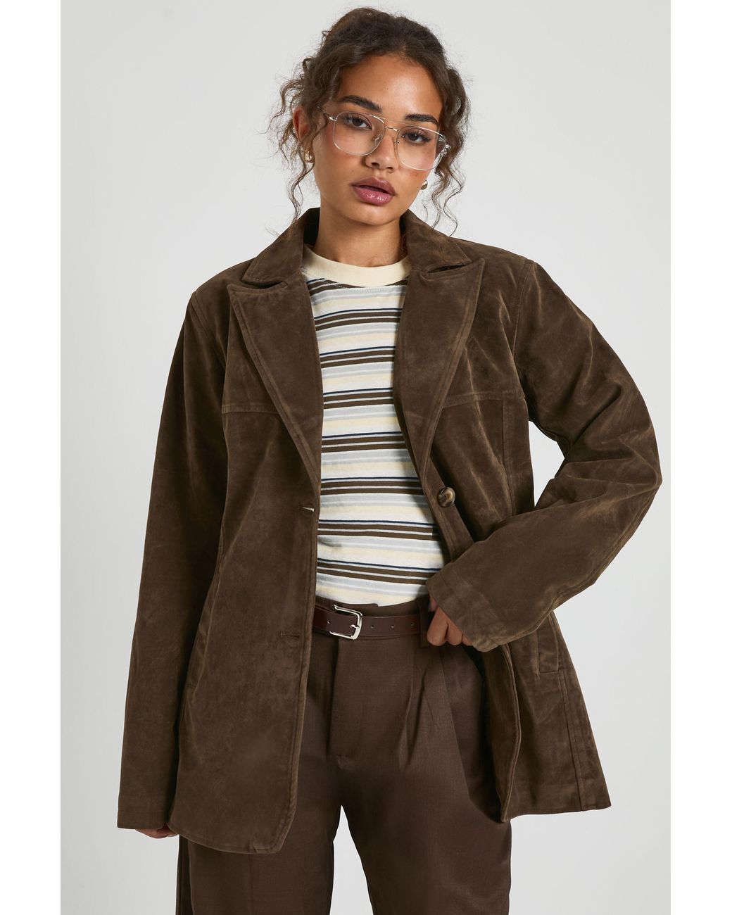 Boohoo Brown Suede Look Cinched Blazer