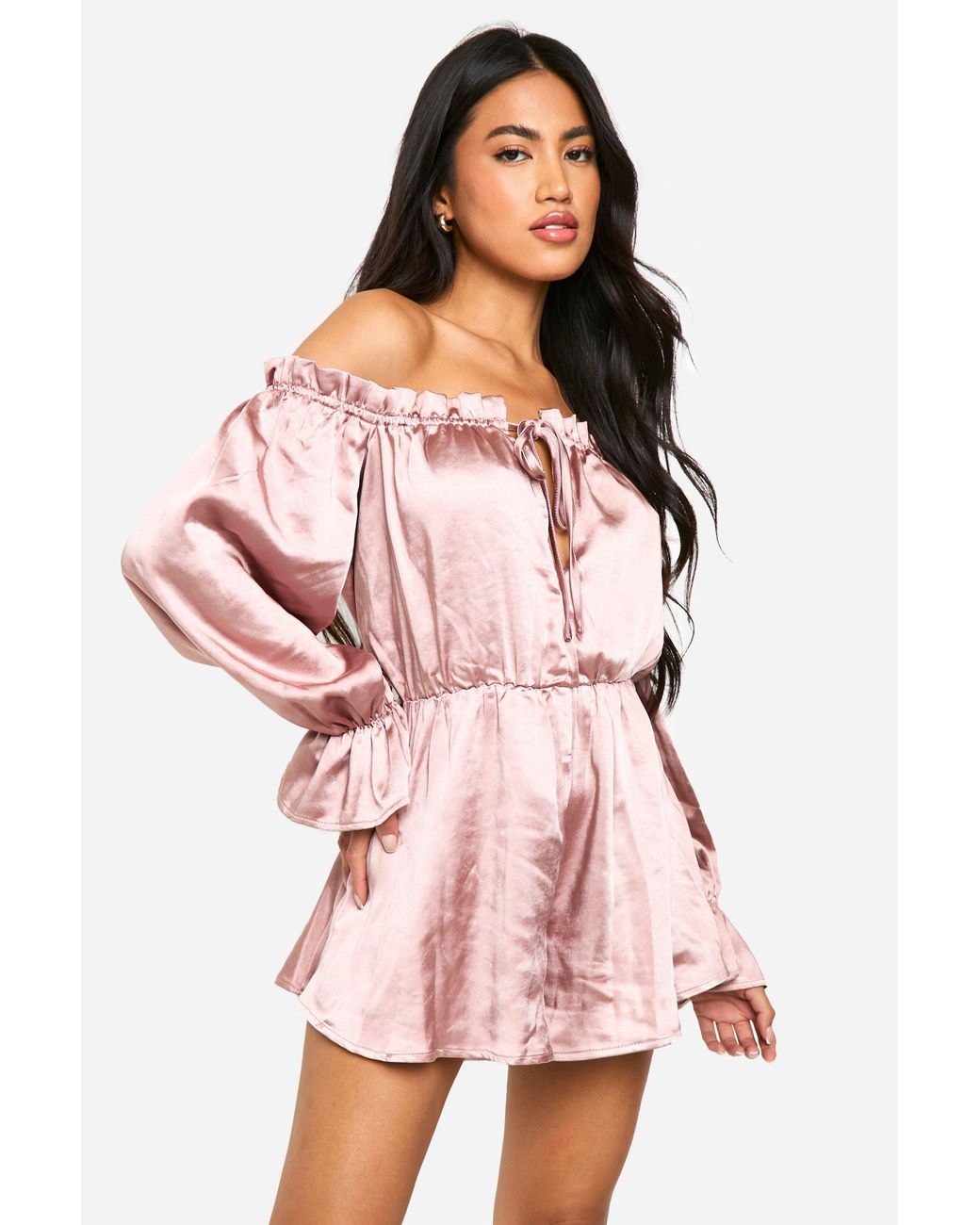 Boohoo Pink Bardot Ruched Satin Romper