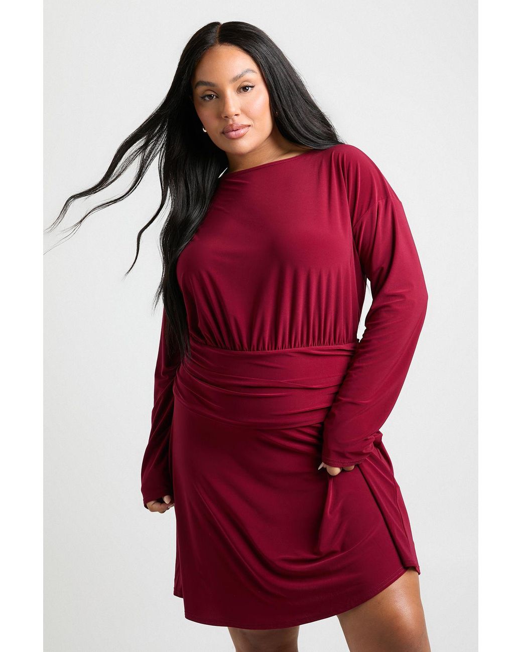 Boohoo Red Plus Long Sleeve Ruched Side Waist Panel Skater Dress
