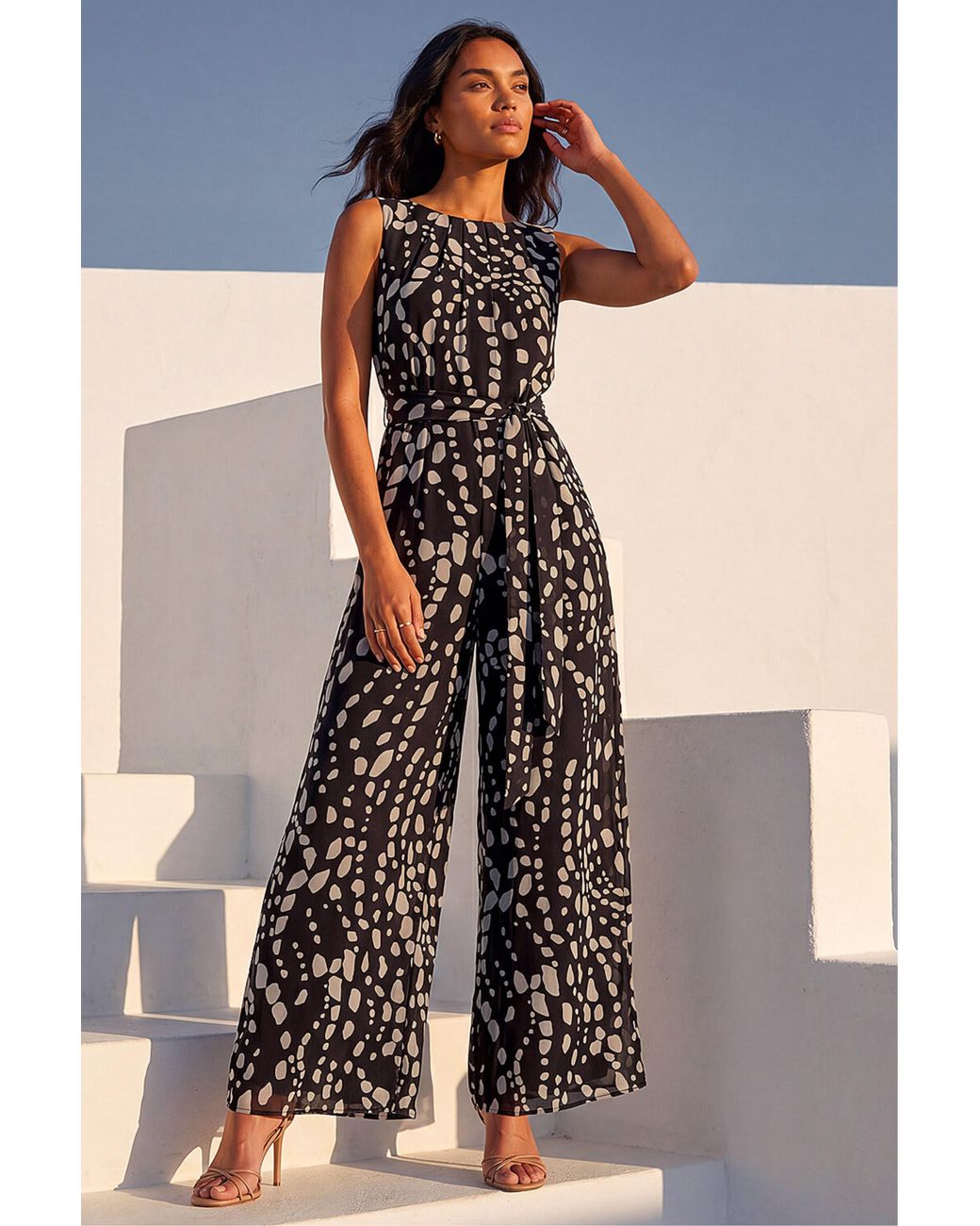 Roman Black Animal Print Pleat Neck Jumpsuit