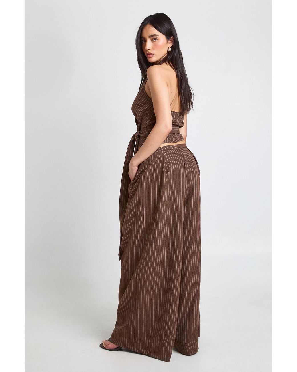 Boohoo Brown Pleated Wide Leg Peached Stripe Trouser