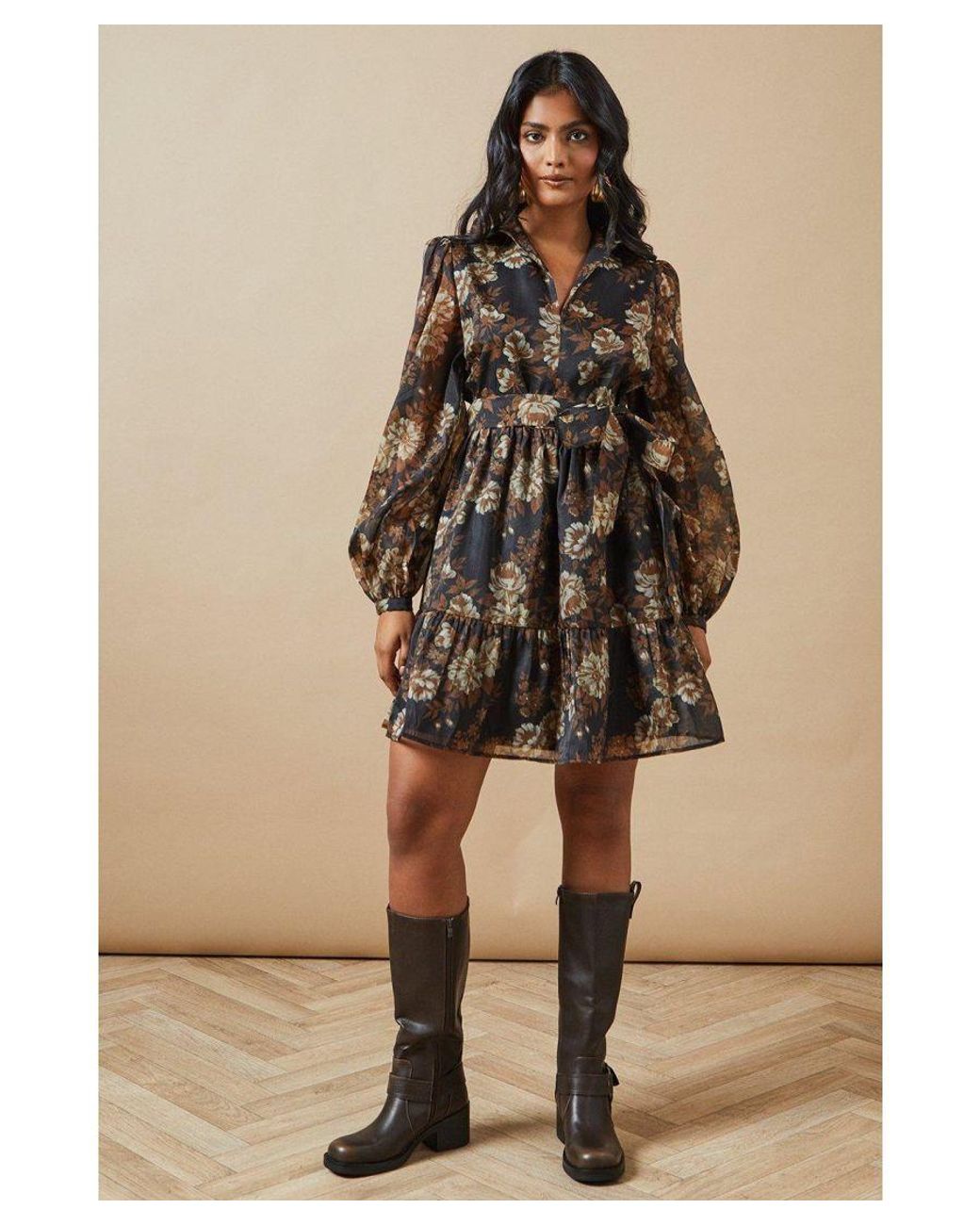 Oasis Brown Organza Collared Mini Dress