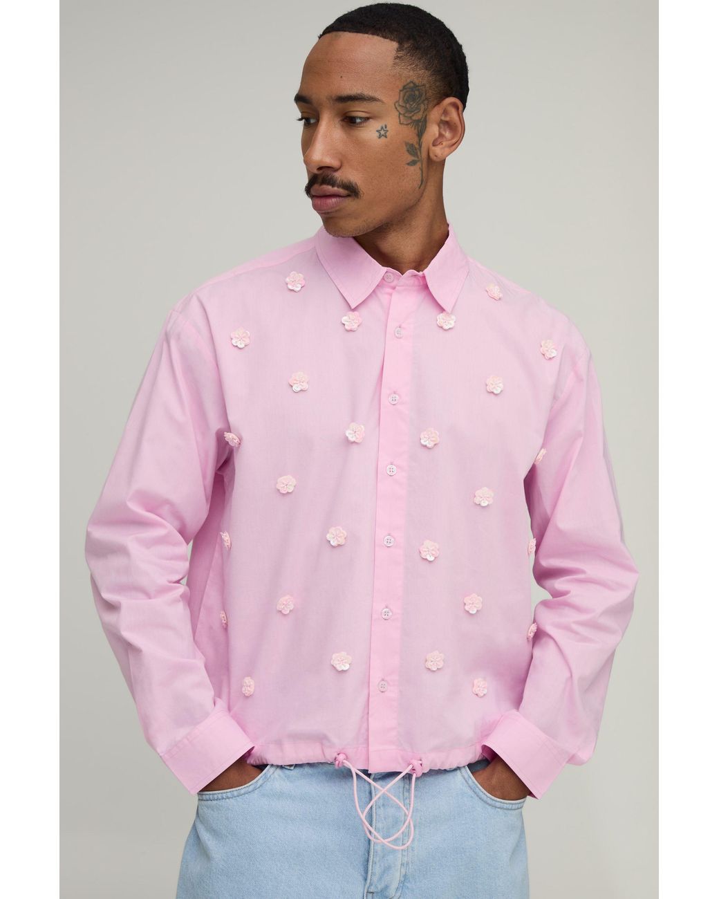 BoohooMAN Pink Oversized Bungee Hem Floral Applique Shirt for men