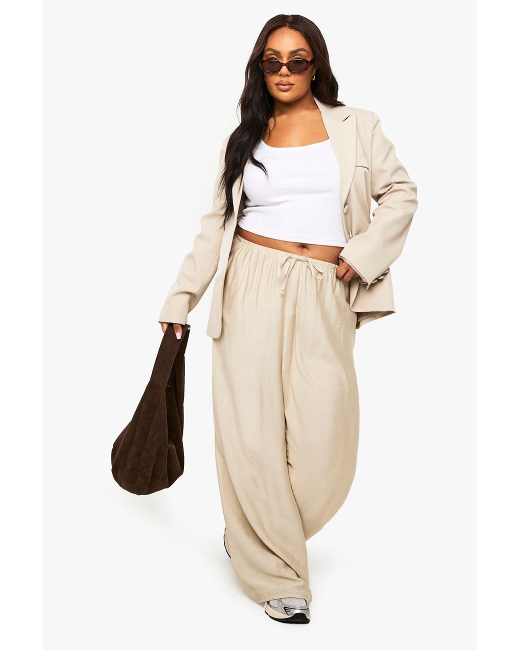 Boohoo Natural Plus Woven Drawstring Wide Leg Trouser