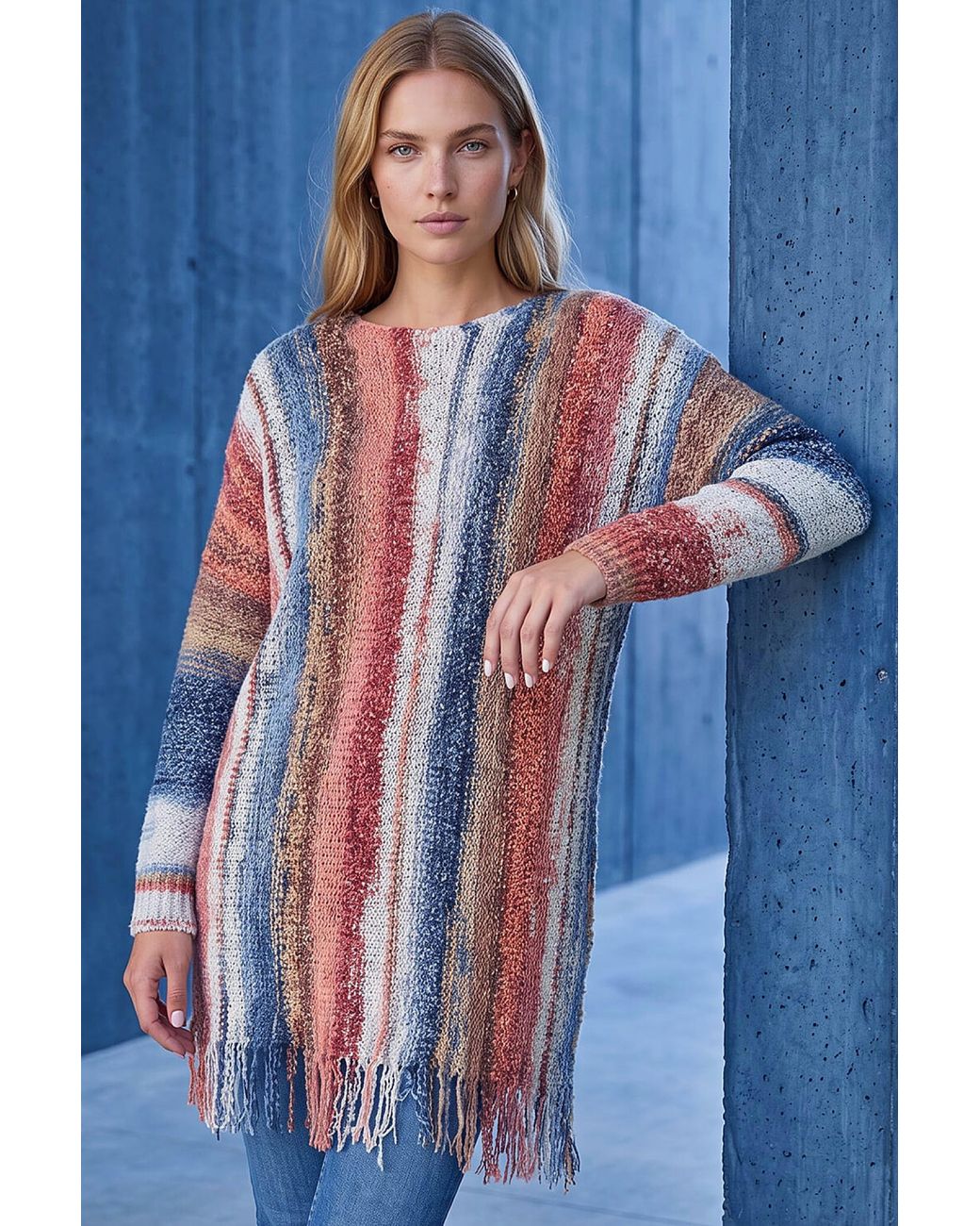 Roman Blue Boucle Fringe Knit Jumper