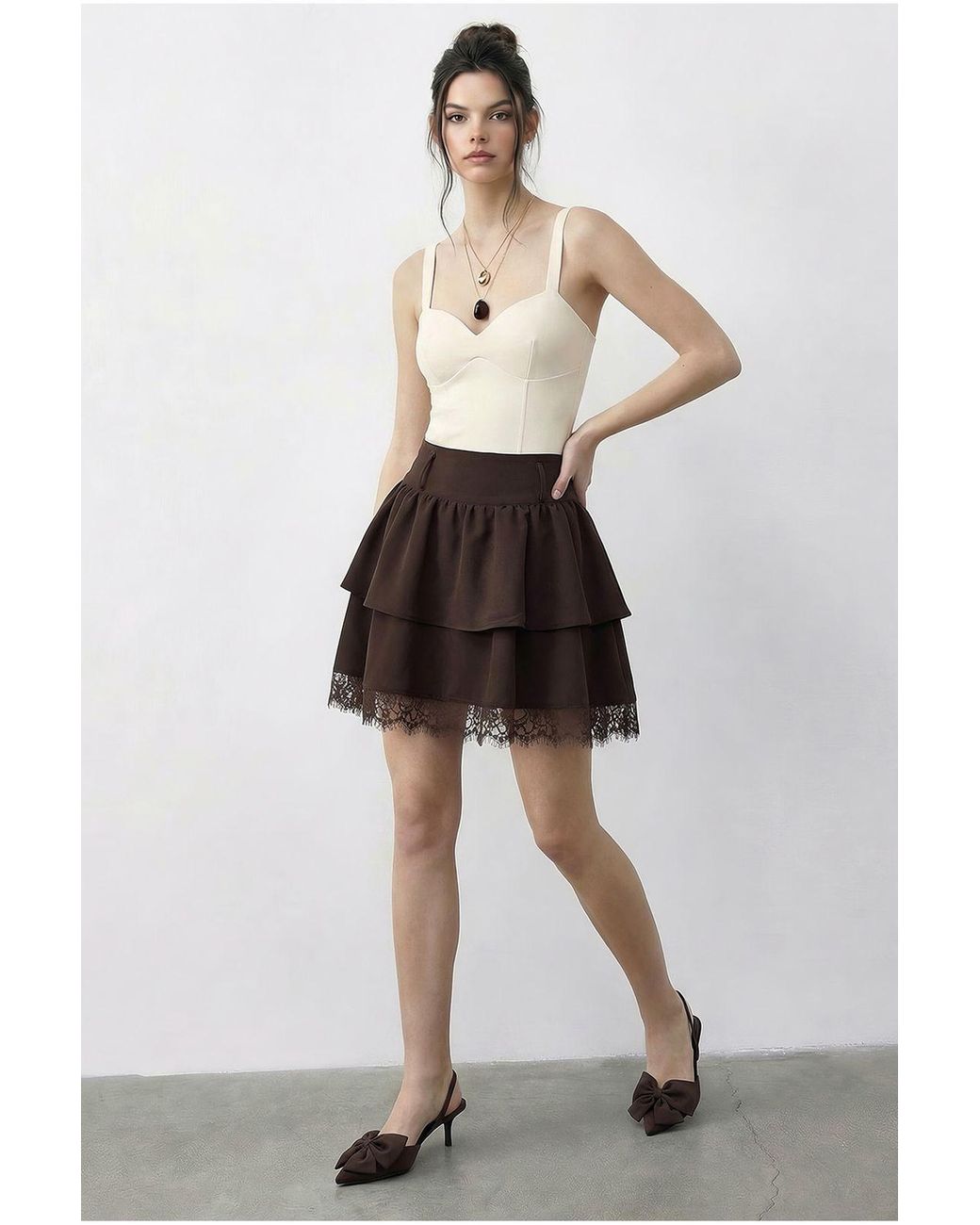 Bianco Lucci Brown High-Waist Lace Mini Skirt