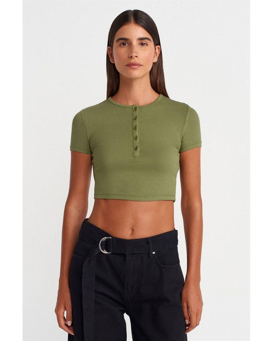 Dilvin Green Slim Fit Crop Blouse With Buttons