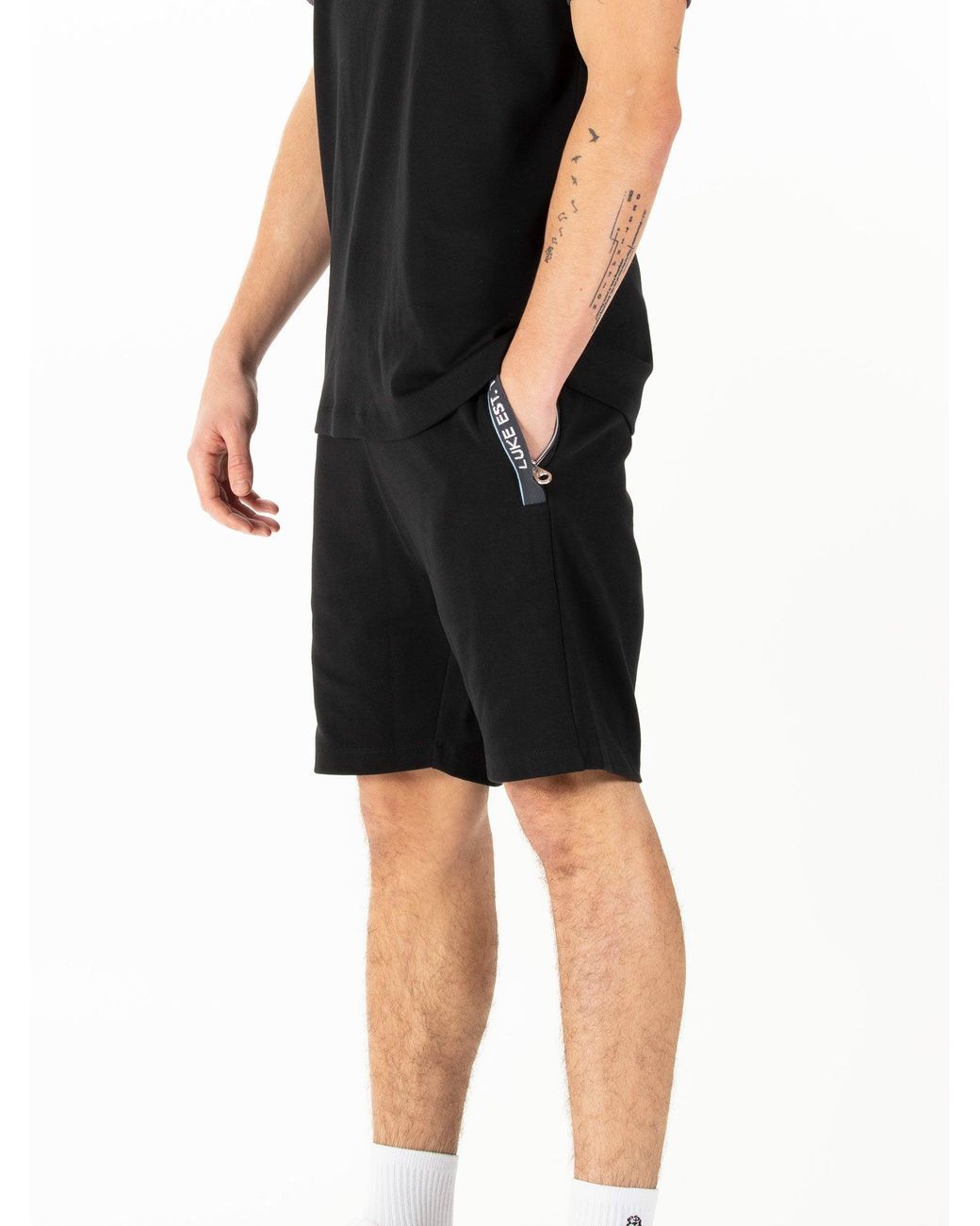 Luke 1977 Black Reid Text Detail Shorts for men