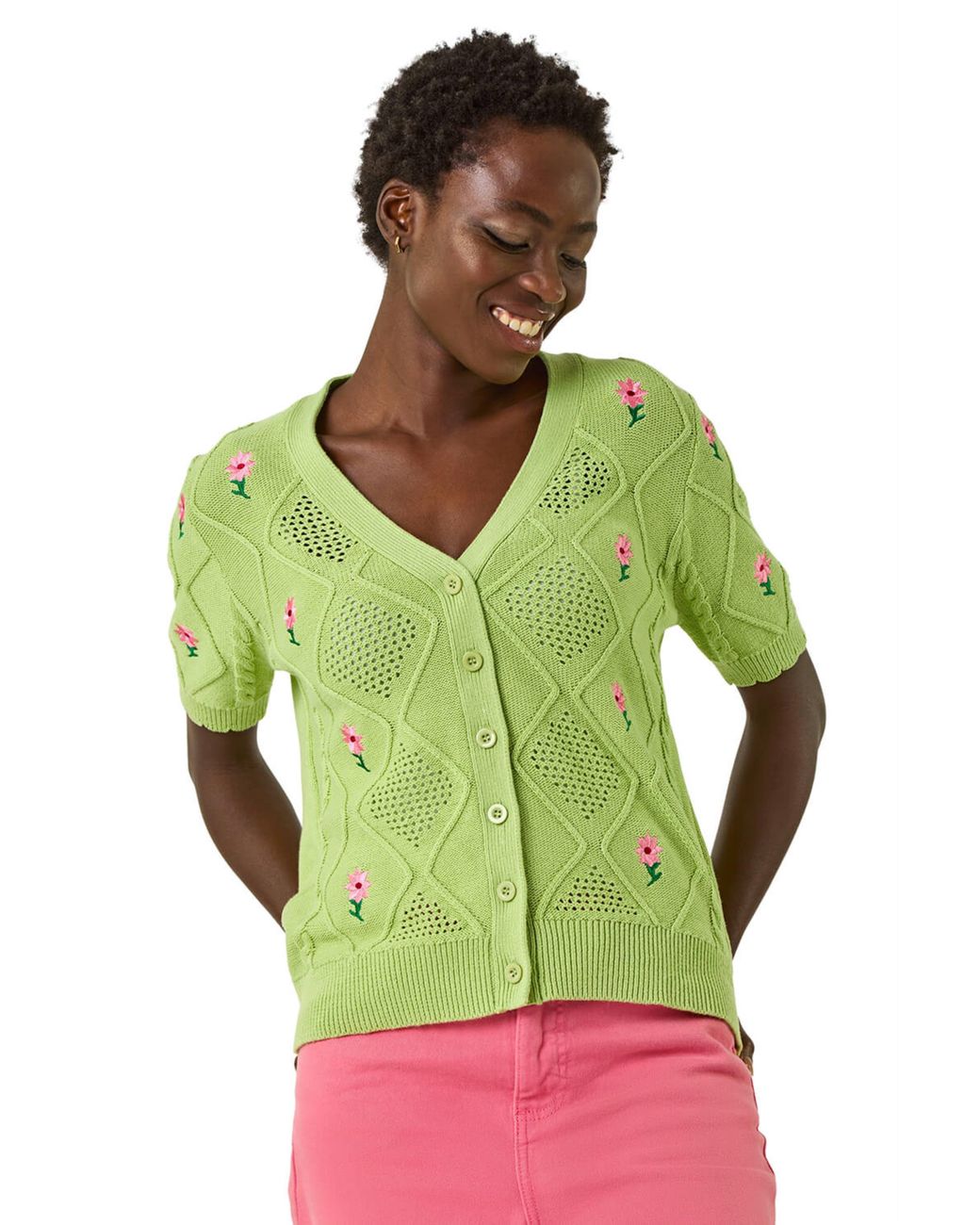 Roman Green Textured Floral Embroidered Cardigan