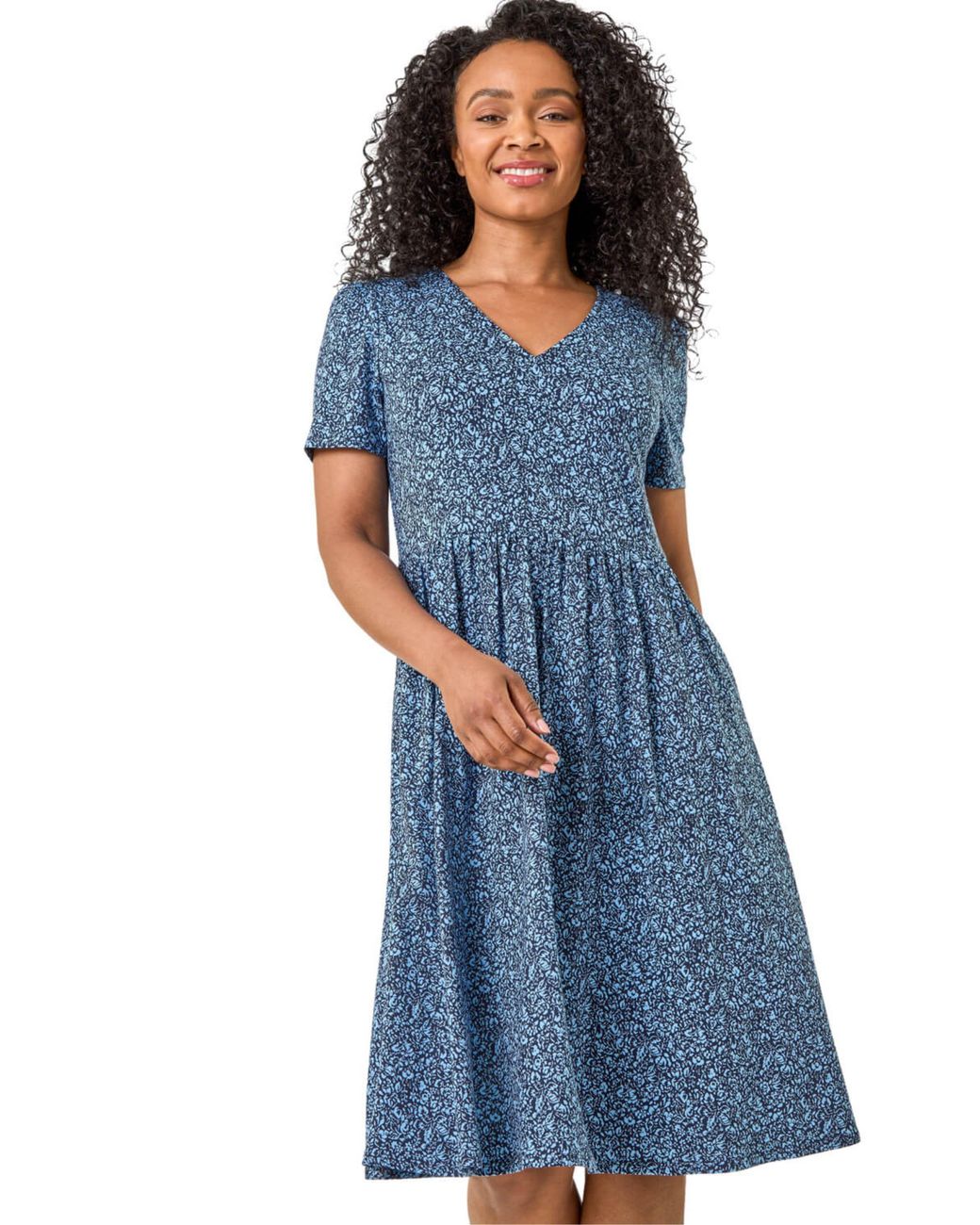 Roman Blue Petite Ditsy Floral Pocket Dress
